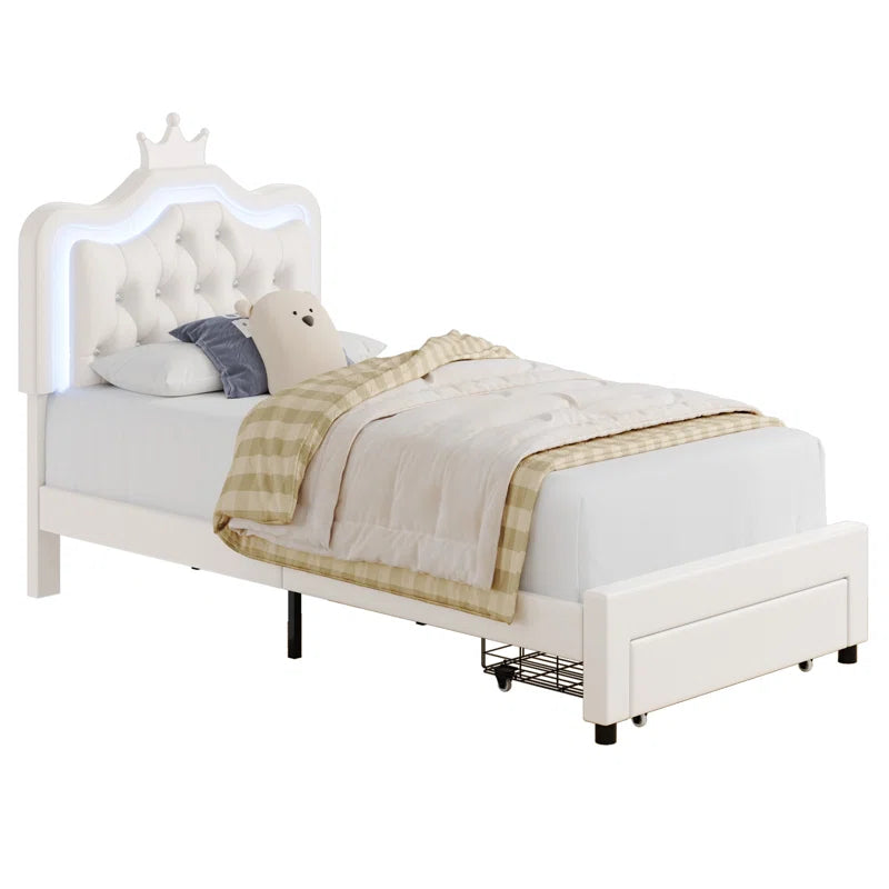Largent Leather Upholstered Storage Bed with LED Lights and Crown Headboard, Kids Beds