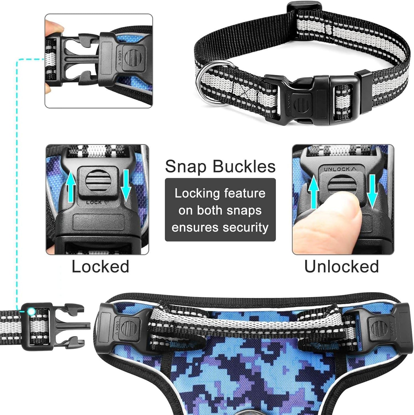 Blue digital camo no pull dog harness with adjustable reflective straps, locking snap buckles, and front/back leash clips for secure outdoor walks.
