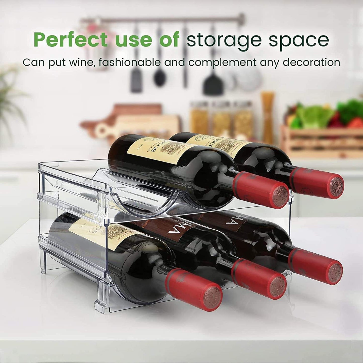 Stackable clear water bottle organizer holding wine bottles for pantry or cabinet storage