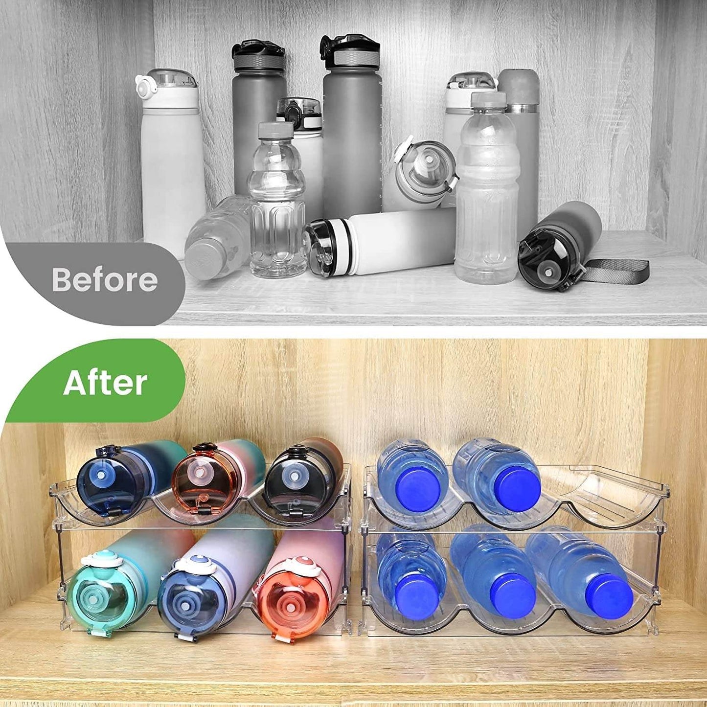 Water bottle organizer with stackable clear racks neatly storing various bottles inside a wooden cabinet before and after organization.