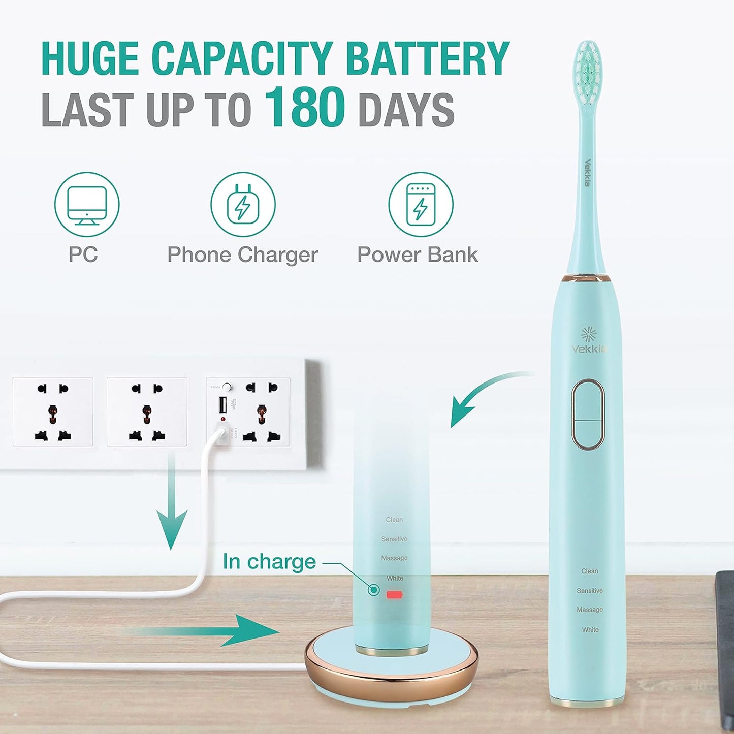 Electric Toothbrush, Sonic Cleaning Rechargeable Toothbrush with Timer, Pressure Sensor, 4 Modes, 4 Brush Heads, Charge Lasts for 180 Days, Best Toothbrush for Adults (Blue Diamond)