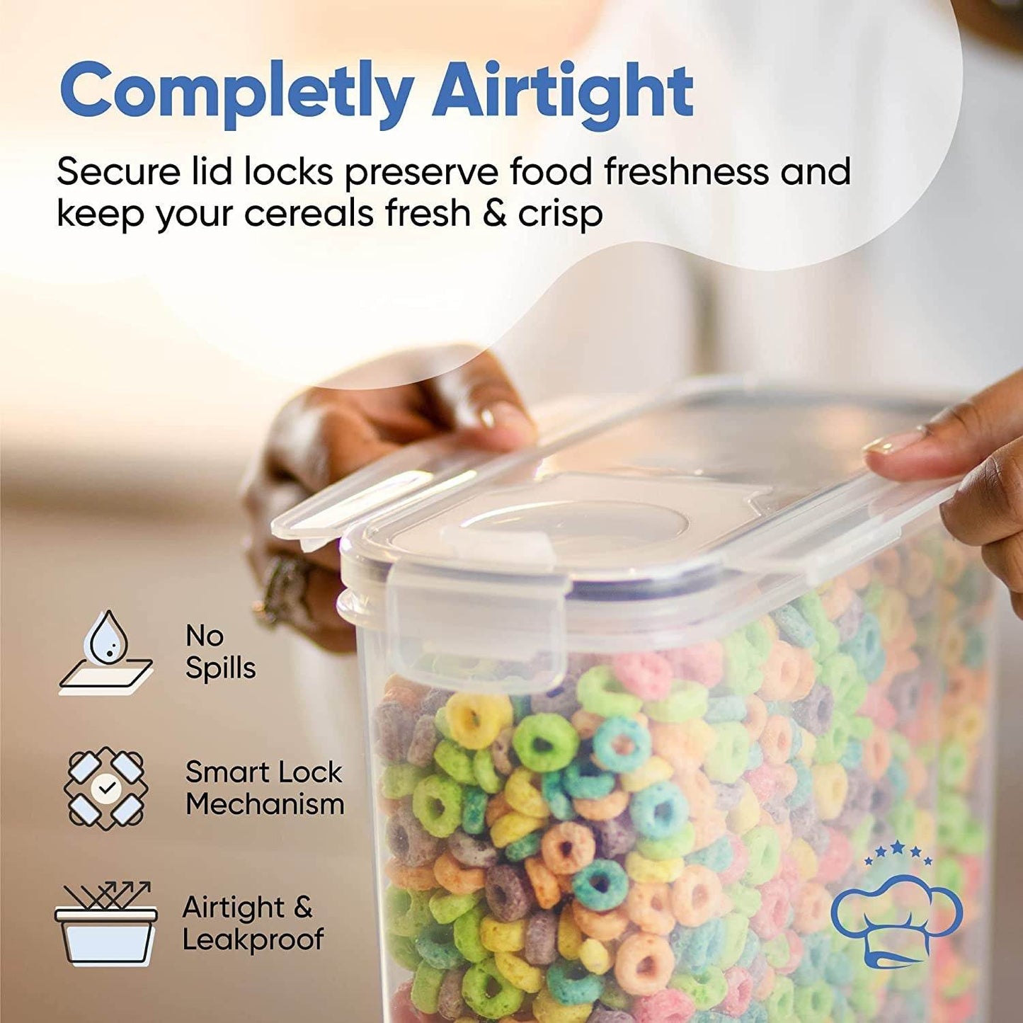 Airtight food storage container with secure lock lid preserving cereal freshness and preventing spills.