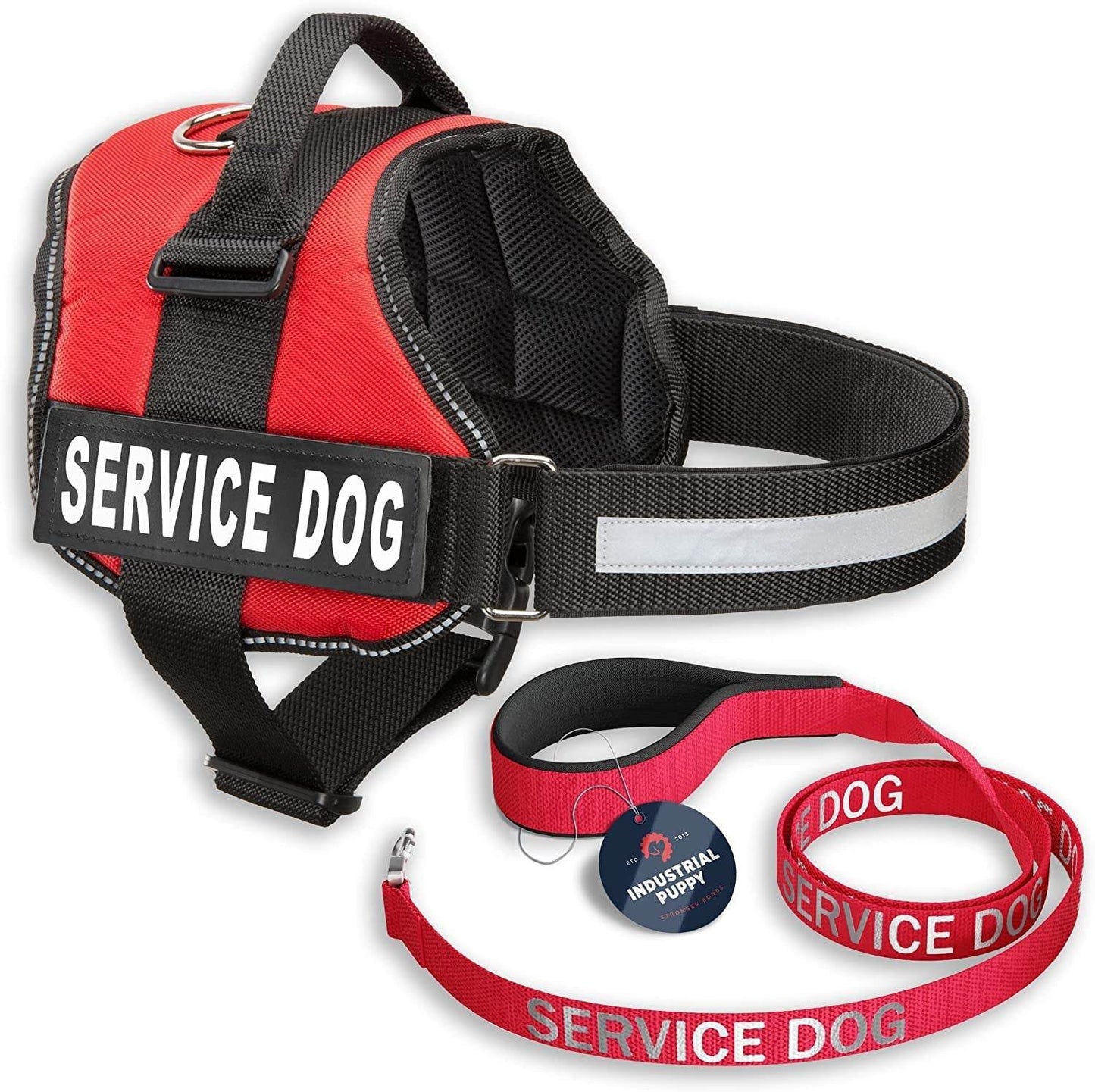 Red service dog vest with reflective "Service Dog" patch and matching leash set with hook and loop straps in small size