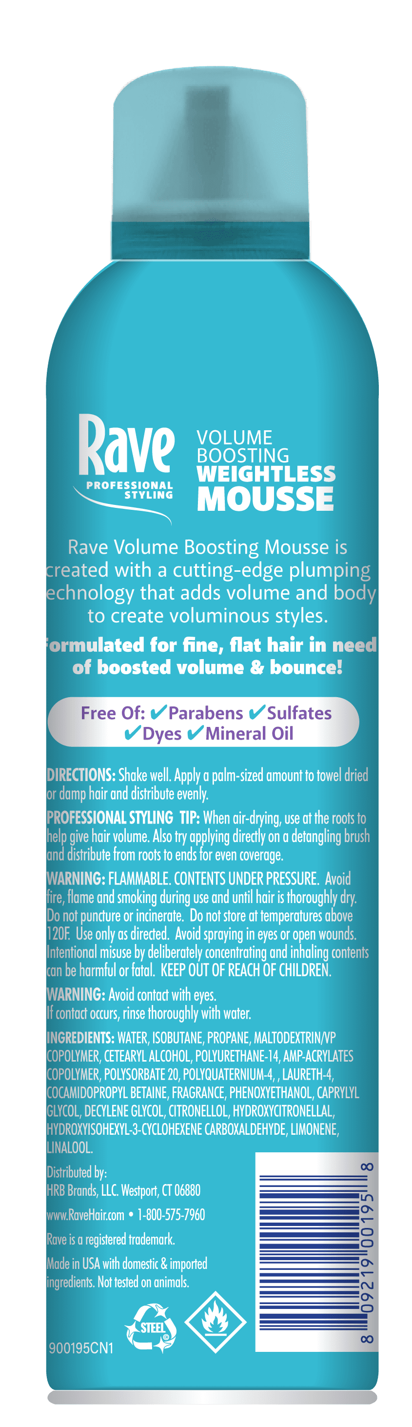 Rave Volume Boosting Weightless Mousse bottle for all hair types, unscented, 7 oz, adds volume and body with flexible hold, protects against heat and frizz, paraben and sulfate-free