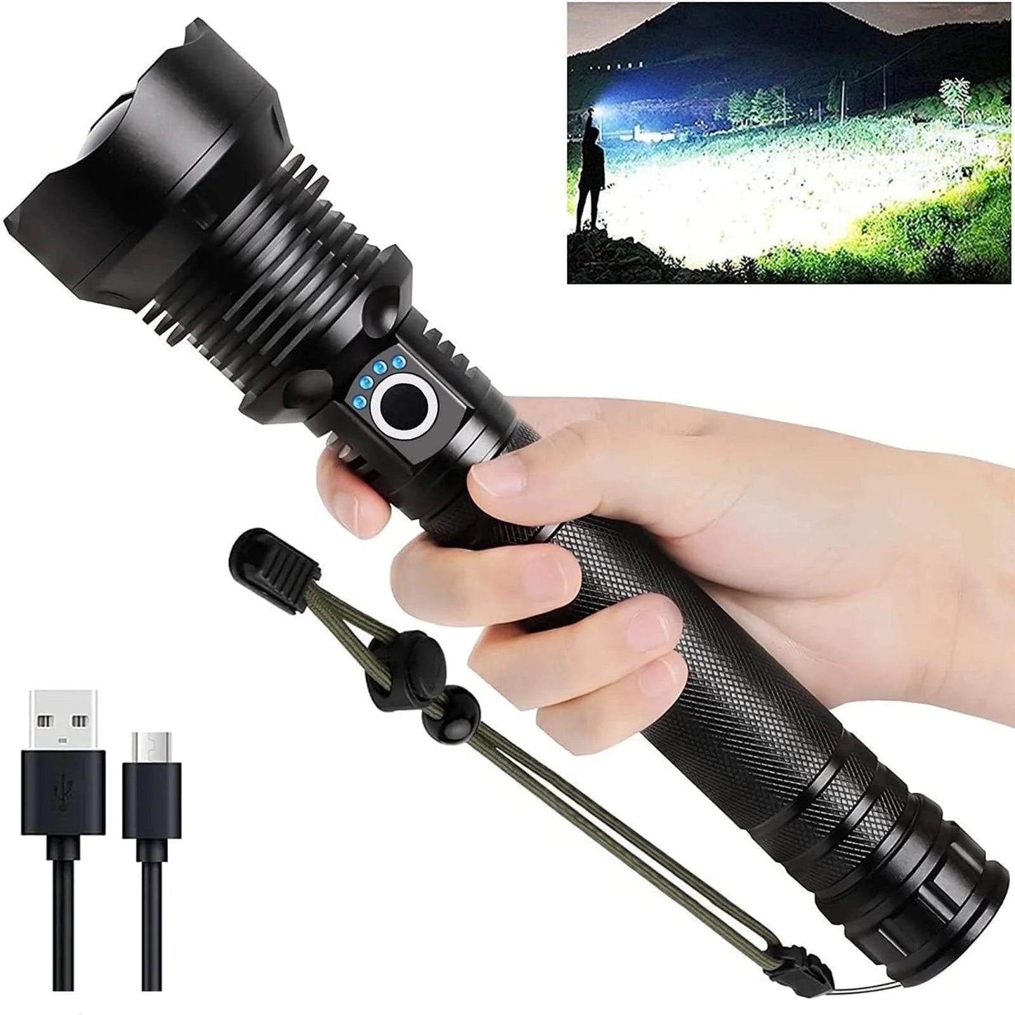 990000 lumens powerful rechargeable waterproof LED tactical flashlight with USB charging and zoom function for camping and emergencies