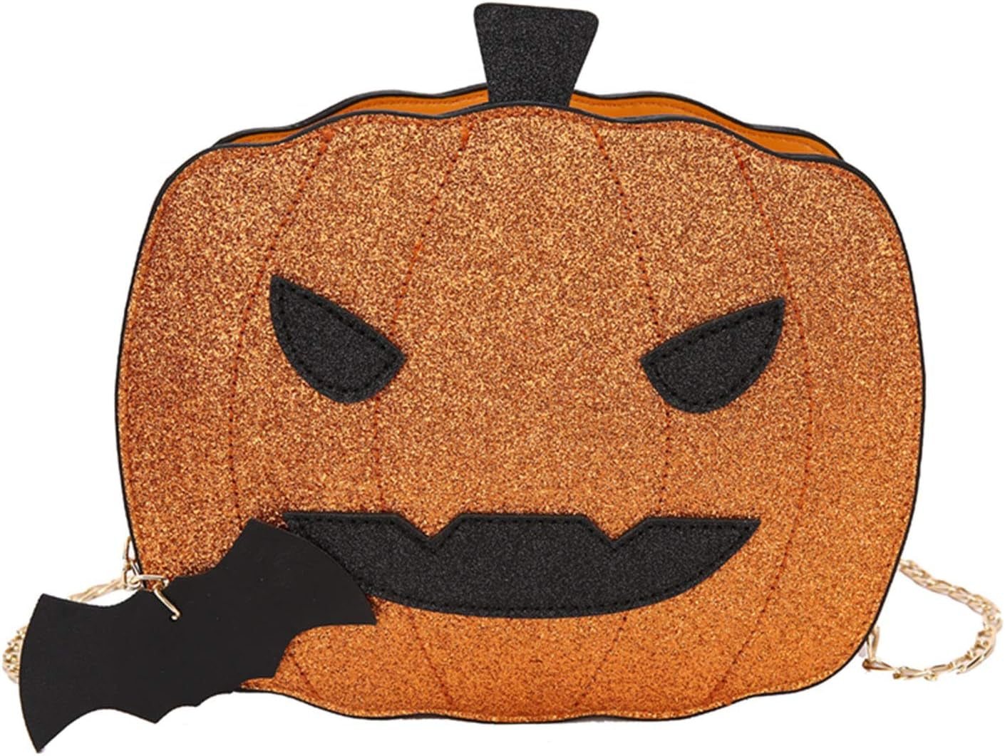 Women pumpkin shoulder bag with glittery devil face and removable chain strap, Halloween crossbody purse with bat pendant and zipper closure