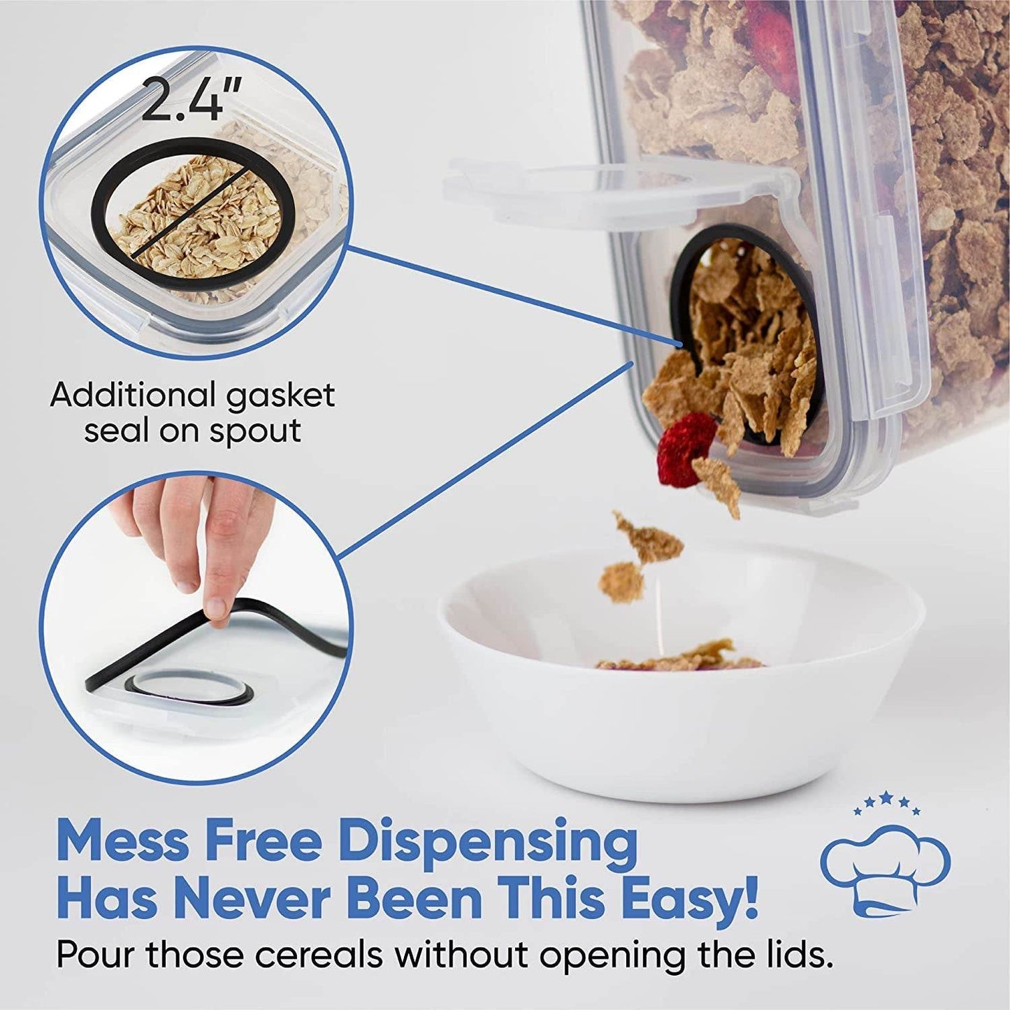 Airtight food storage containers set with mess-free cereal dispenser and additional gasket seal for freshness.