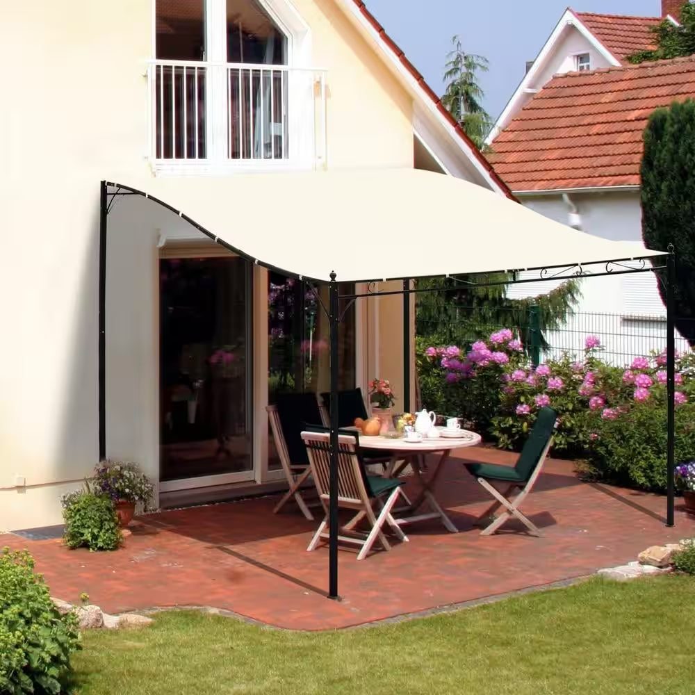 10 Ft. X 10 Ft. X 8 Ft. white steel frame pergola with weather-resistant canopy over patio seating area
