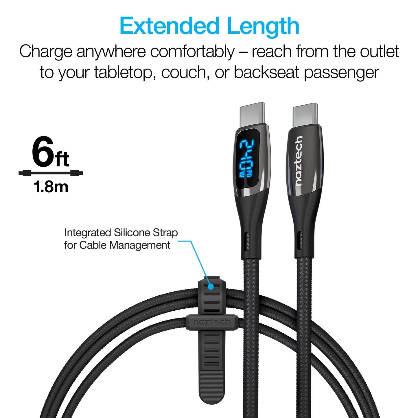 Naztech DigiWATT USB-C to USB-C 6ft braided cable with digital LED wattage meter and integrated silicone strap for cable management