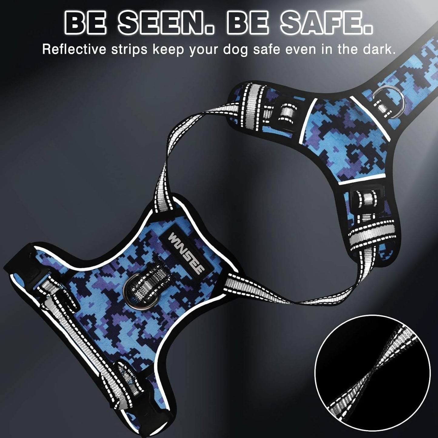 Adjustable reflective dog harness no pull with front and back leash clips, durable Oxford fabric, and easy control handle for small to extra-large dogs.