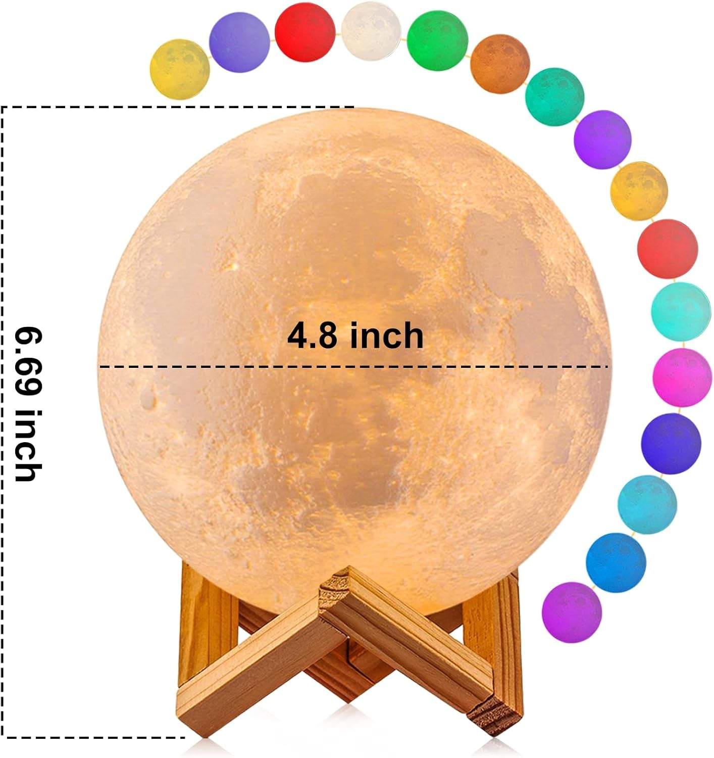 4.8-inch 3D printed moon lamp with 16 color LED night light, wooden stand, remote and touch control, USB rechargeable for kids room decor and gifts