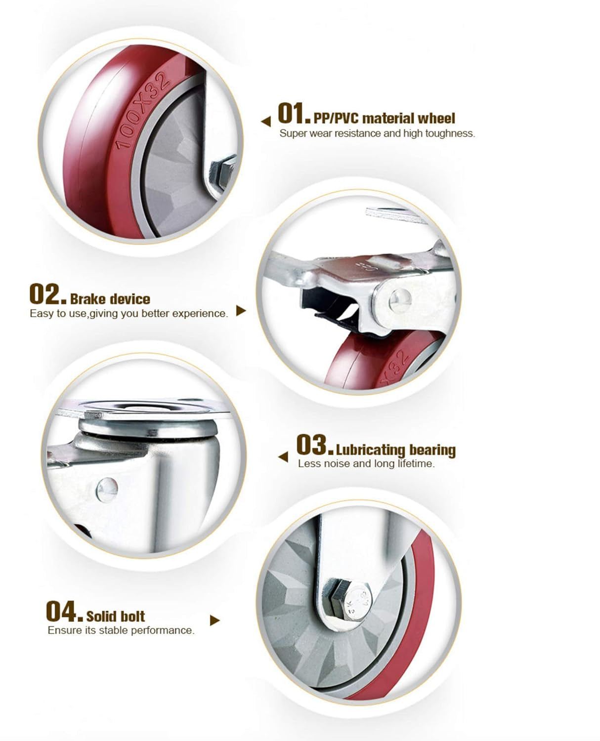 4" Heavy Duty Caster Wheels without Brakes + Screws - up to 1320Lbs - Set of 4 No Floor Marks Silent Castor for Furniture - Rubbered Trolley or Pallet Swivel Wheels - Silver Casters