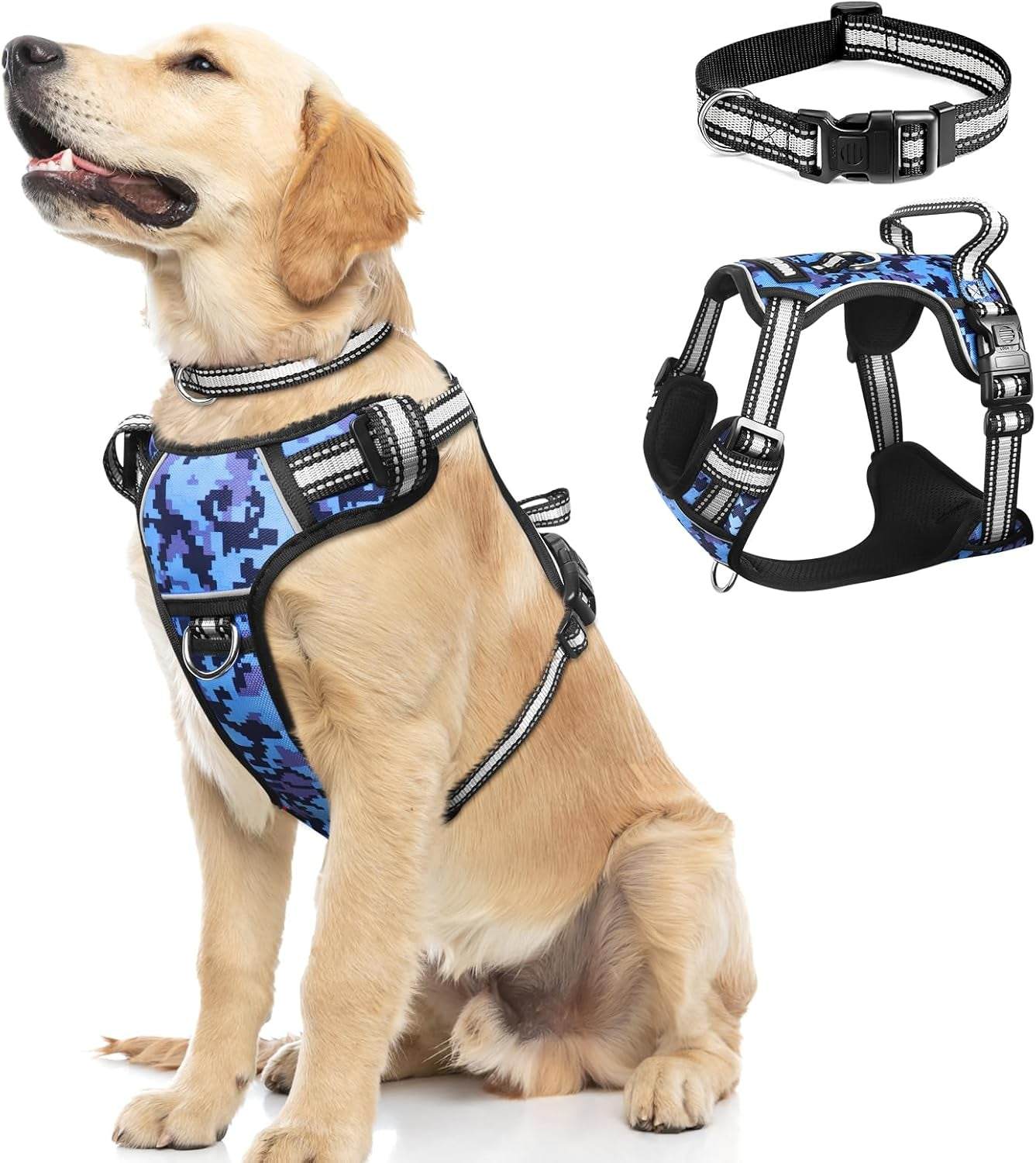 No pull dog harness with adjustable reflective straps and matching collar, suitable for medium to large dogs, shown on a golden retriever.