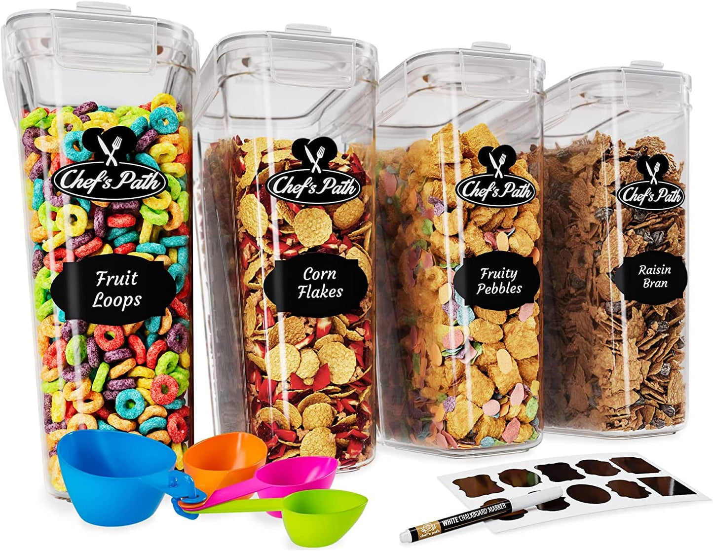 Set of 4 large airtight BPA-free food storage containers with labels and measuring spoons for cereal and pantry organization.