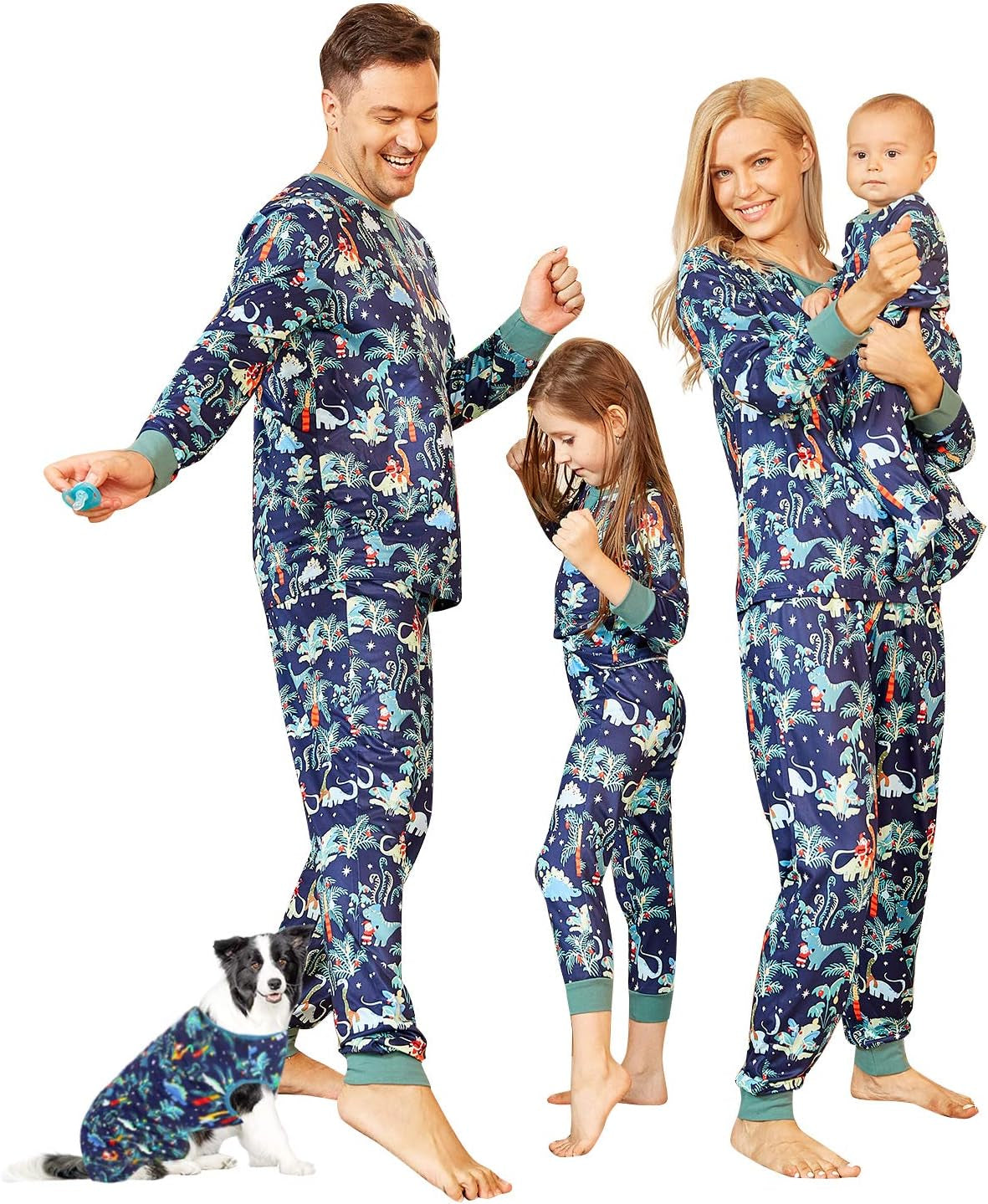 Family wearing matching Christmas pajamas with festive dinosaur print, including a dog in a coordinating outfit