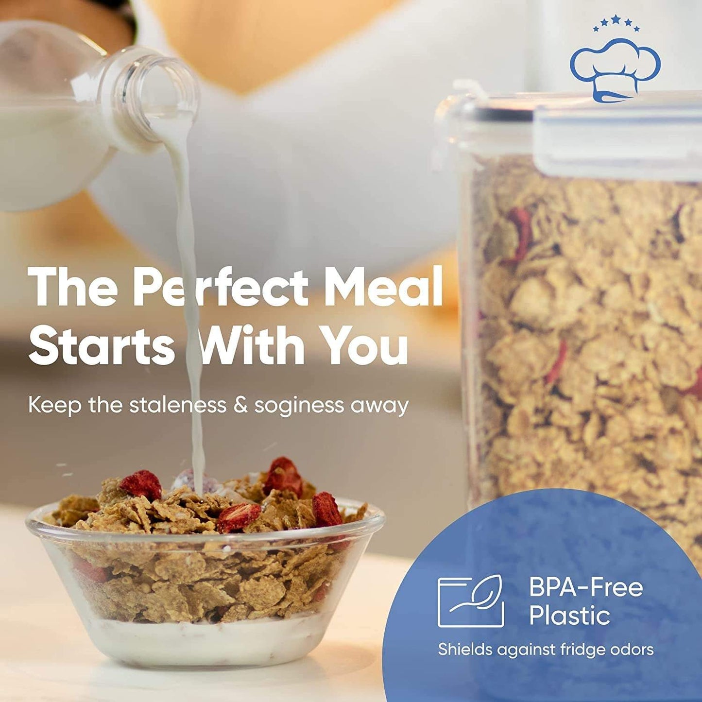 Airtight BPA-free cereal storage containers set with pour lid, stackable design for kitchen and pantry organization