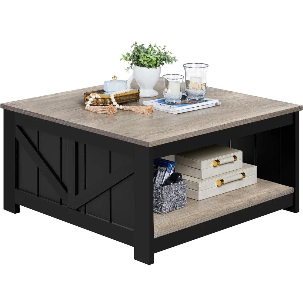 Smile Mart Storage gray medium density fiberboard coffee table with rustic farmhouse design and spacious lower shelf