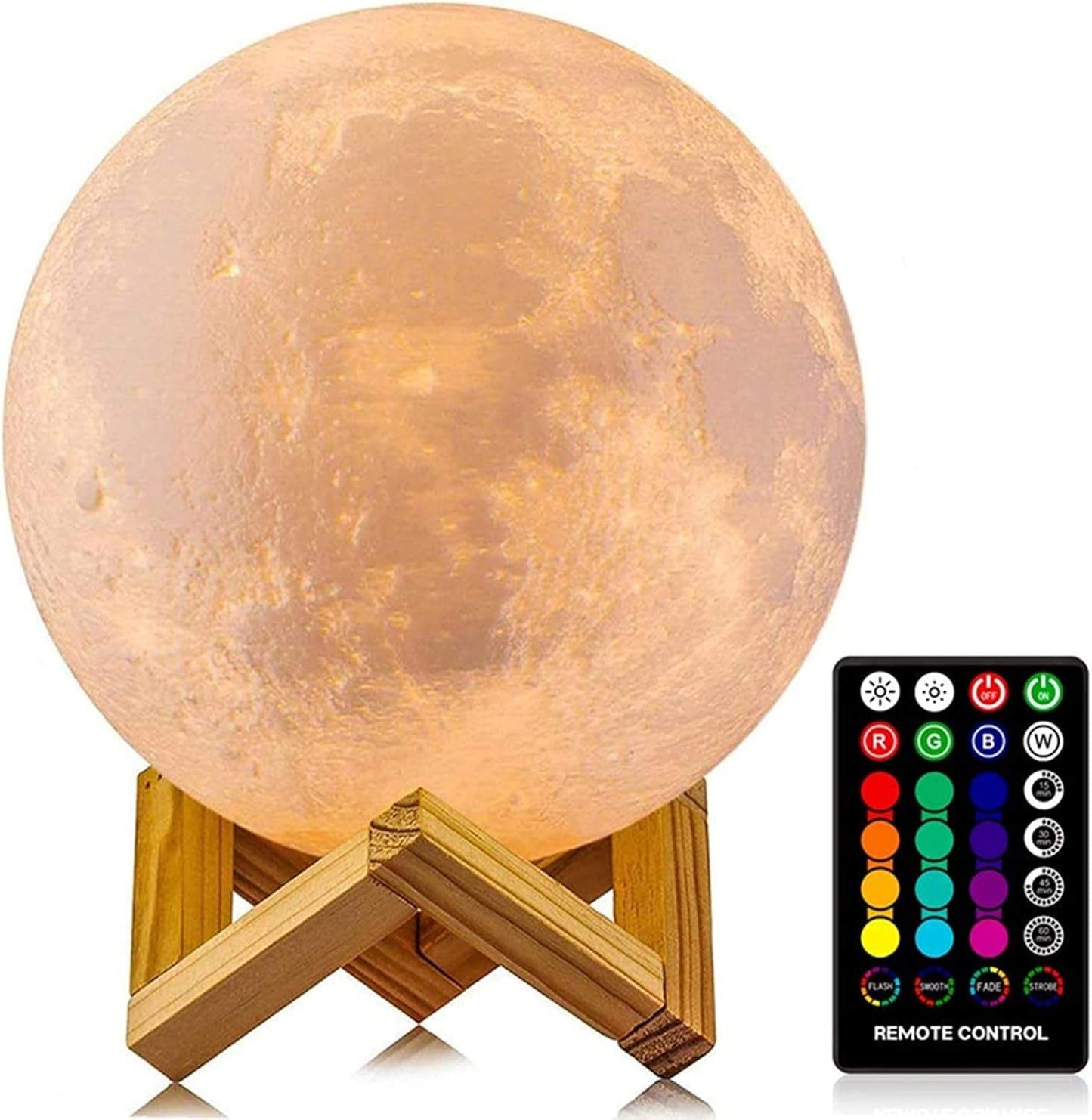 3D printed 4.8-inch moon lamp with 16-color LED night light, wooden stand, remote and touch control, USB rechargeable for kids' room decor and gifts