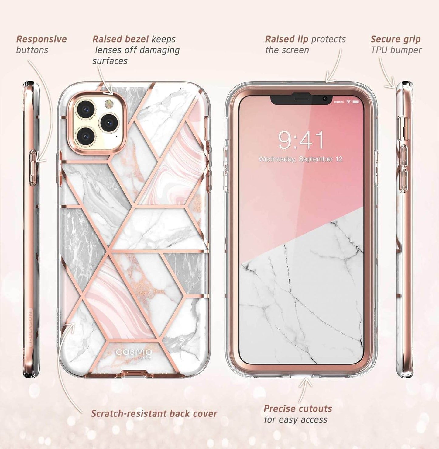 Cosmo Series slim marble protective case for iPhone 11 Pro Max with built-in screen protector and shockproof TPU bumper