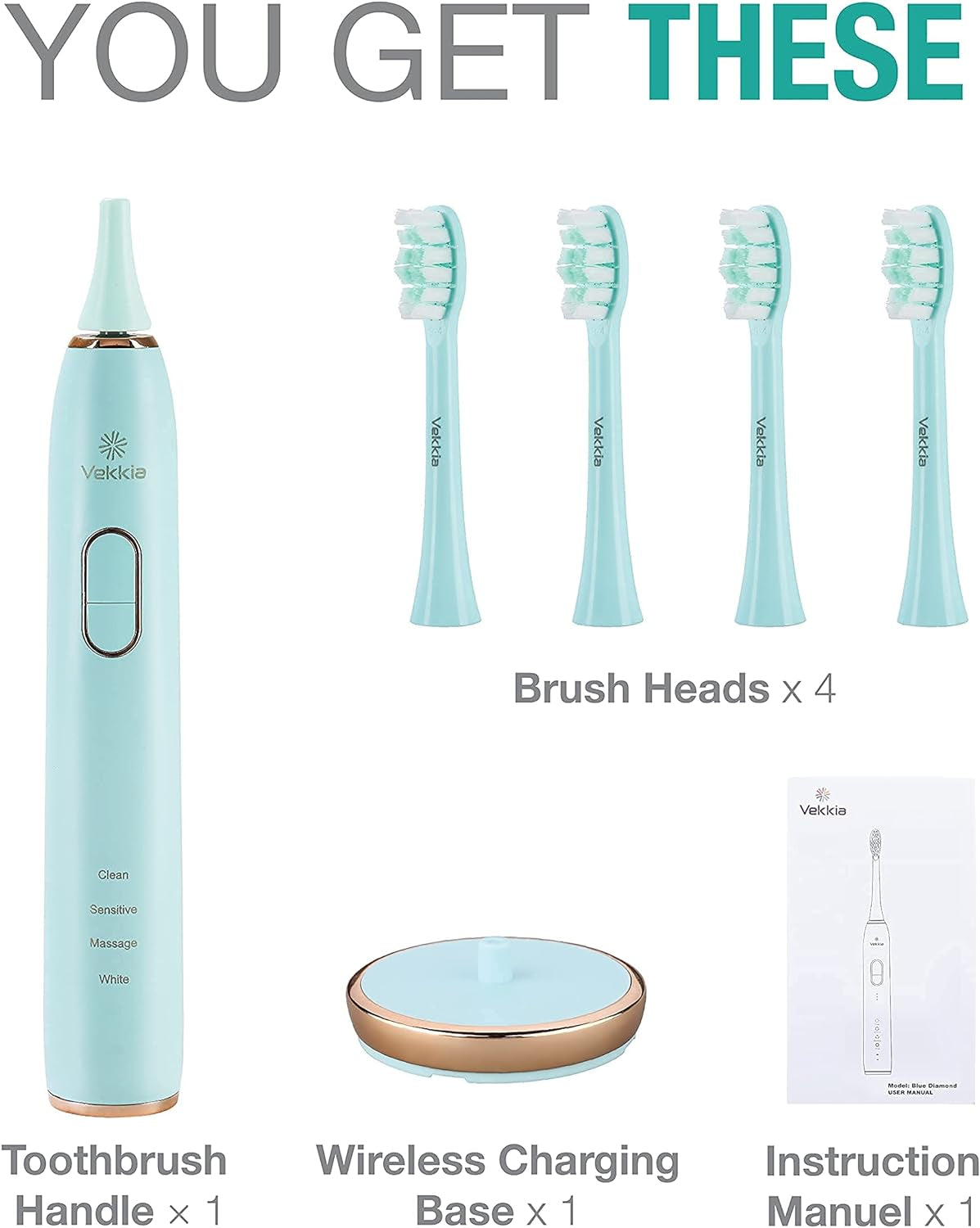 Electric Toothbrush, Sonic Cleaning Rechargeable Toothbrush with Timer, Pressure Sensor, 4 Modes, 4 Brush Heads, Charge Lasts for 180 Days, Best Toothbrush for Adults (Blue Diamond)