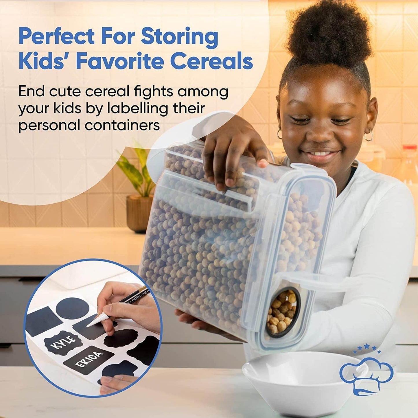 Child holding airtight food storage container filled with cereal with label stickers being written on for personalized organization