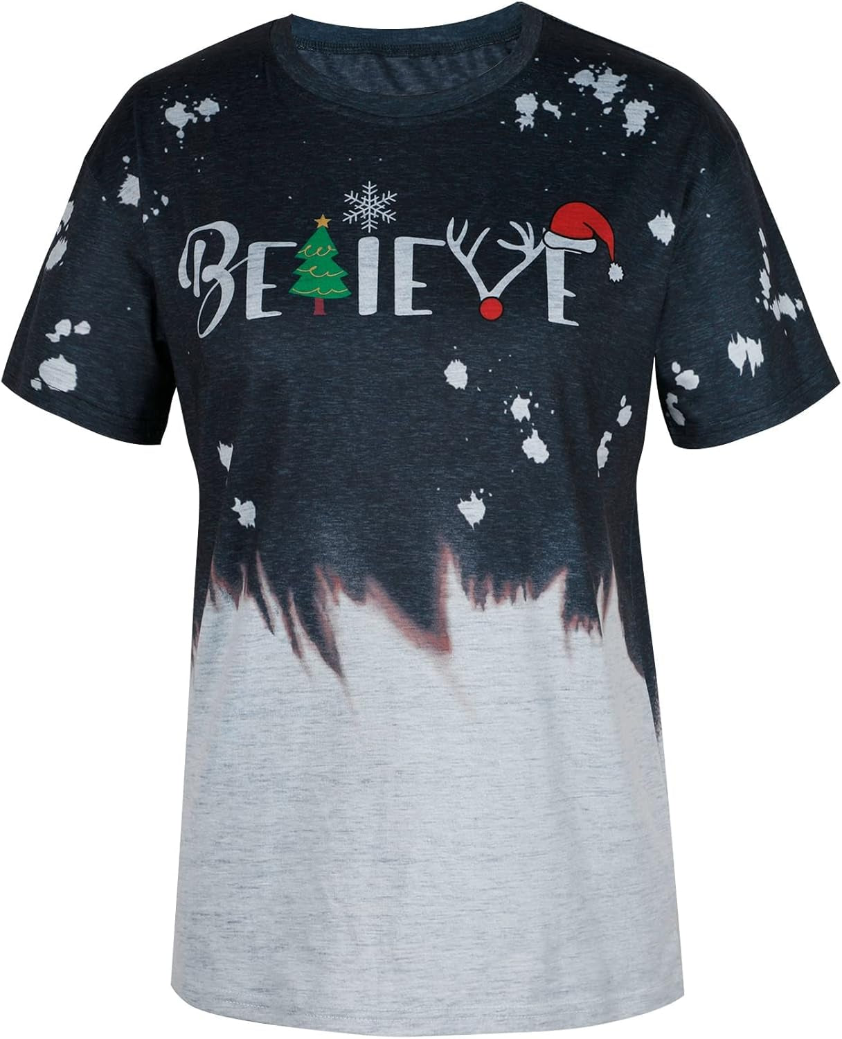Christmas Shirt for Women Believe Letter Print T Shirts Asual Retro Holiday Short Sleeve Pullover Tops Xmas Gift