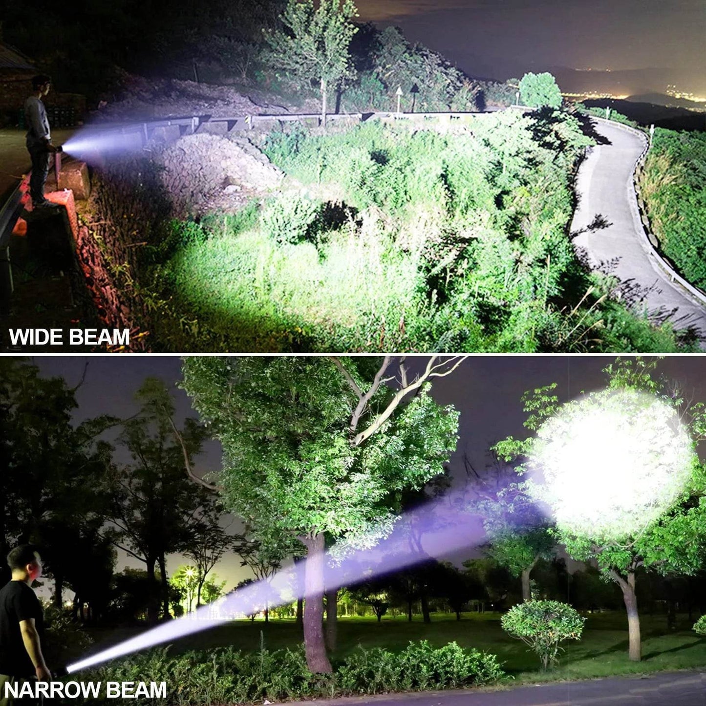 990000 lumens powerful rechargeable LED flashlight with wide and narrow beam for outdoor and emergency use