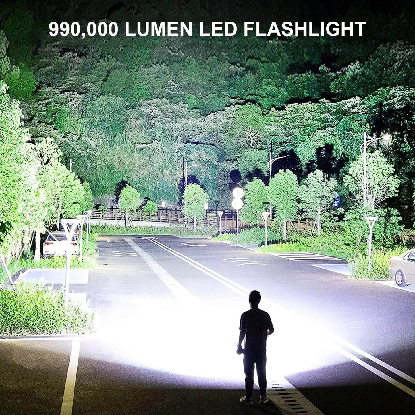 990000 lumens powerful rechargeable waterproof LED tactical flashlight illuminating a large outdoor area at night