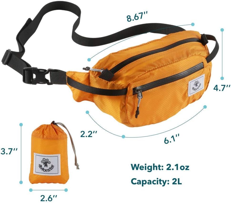 Orange hiking waist pack with adjustable black strap, water resistant, lightweight and compact, 2L capacity with multiple compartments and included storage pouch.