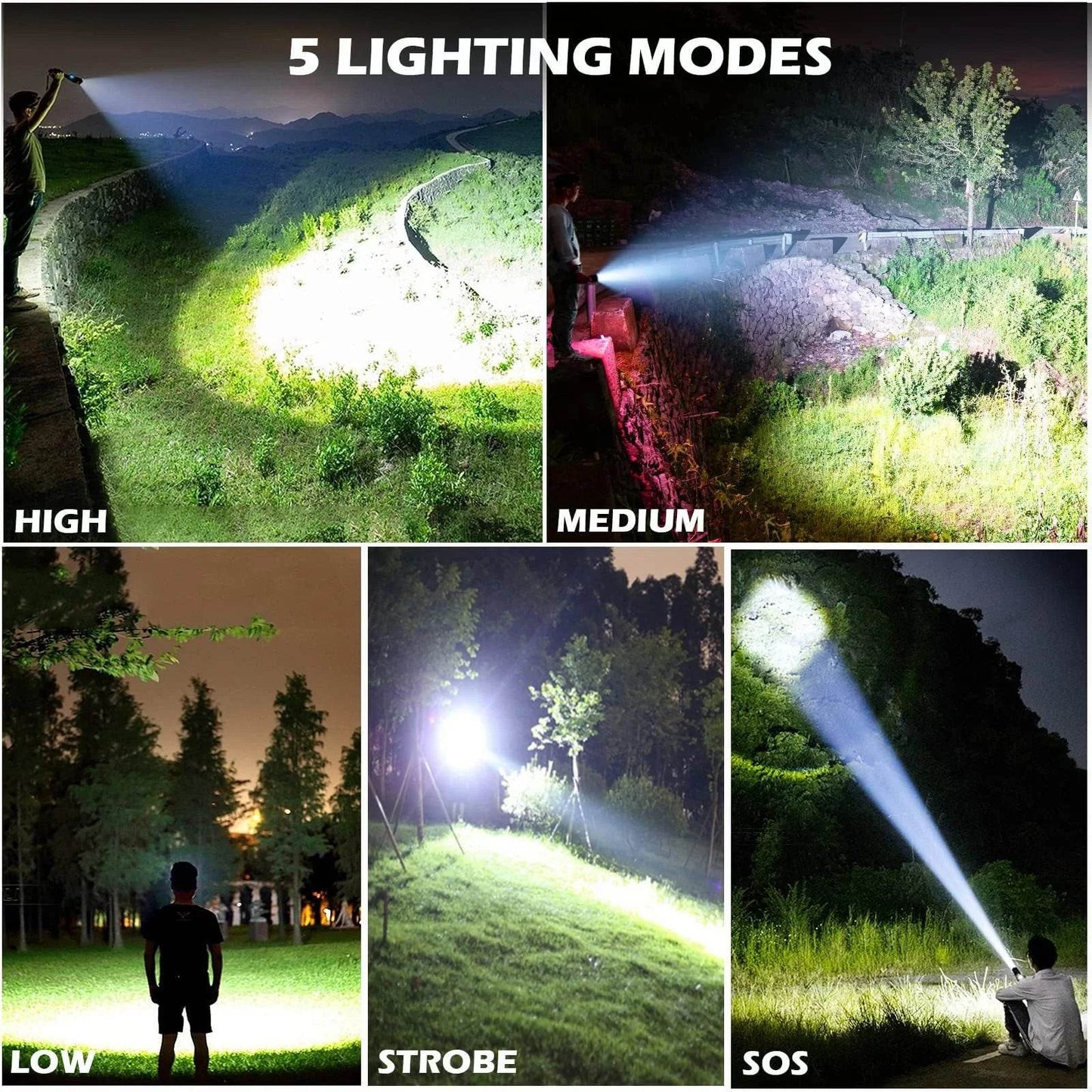 990000 lumens powerful rechargeable flashlight showing five lighting modes high medium low strobe and sos in outdoor night scenes