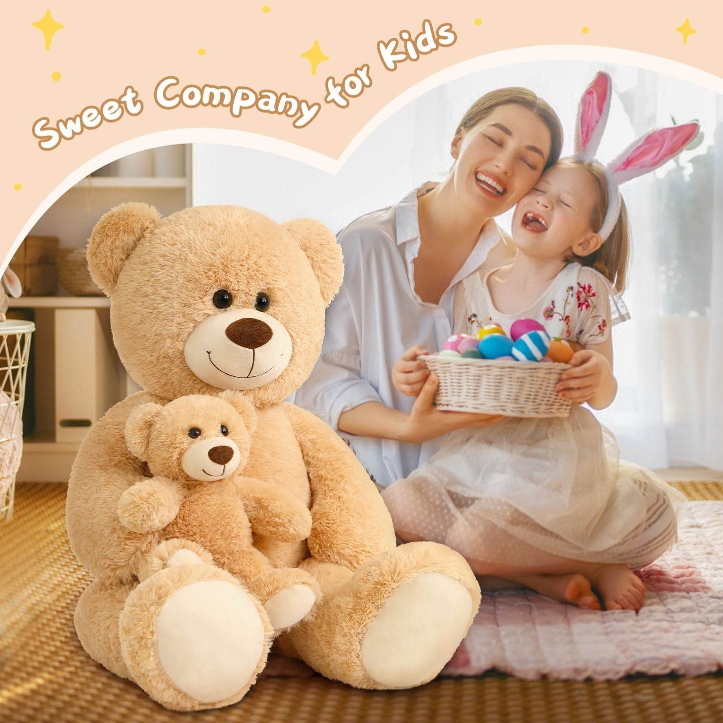 39" giant brown plush teddy bear mommy holding baby stuffed animal for kids cuddling and playtime