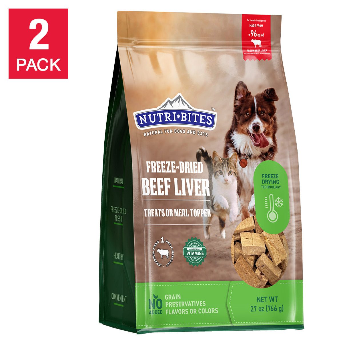 Two-pack Canature freeze dried beef liver dog and cat treats, 27 oz each, natural single ingredient snack with no added grains or preservatives