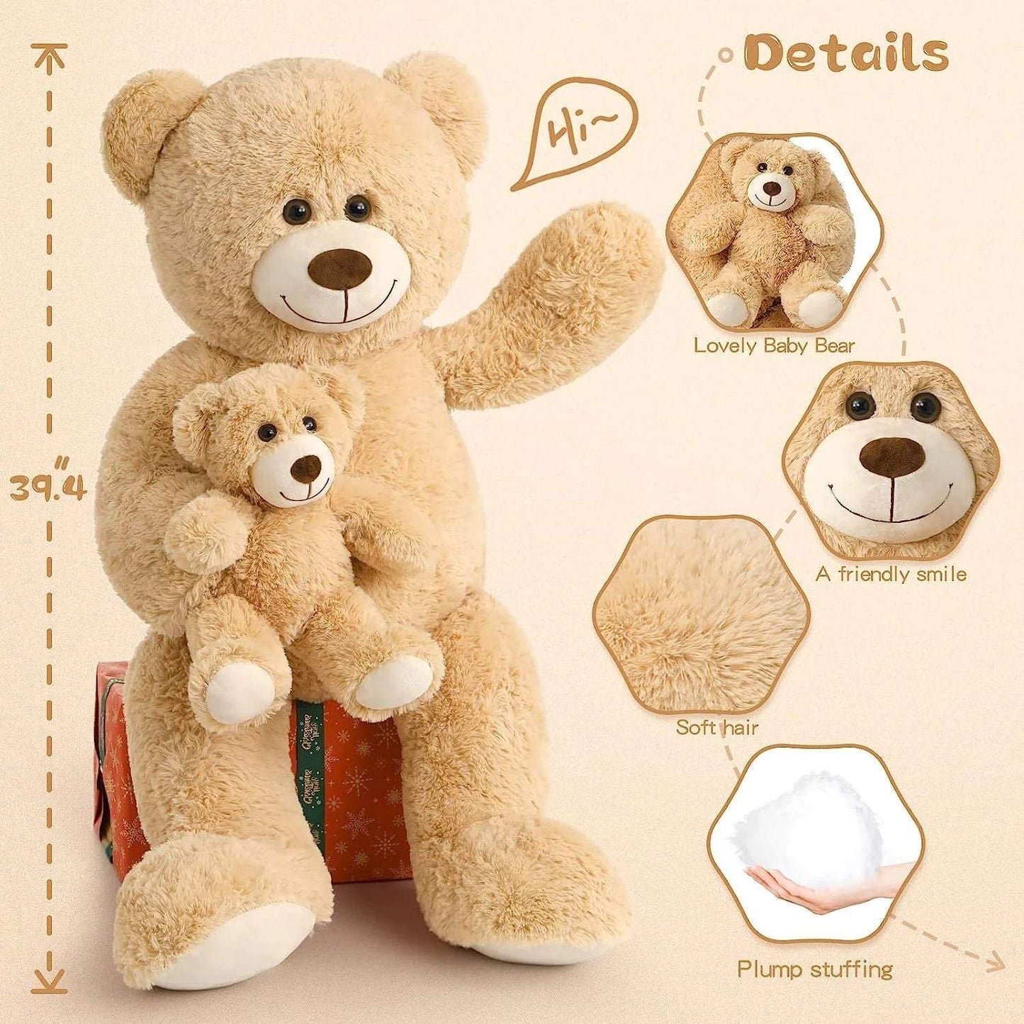 39" giant brown teddy bear with mommy and baby bears, soft plush, friendly smile, and plump stuffing, perfect for hugging and decorative purposes