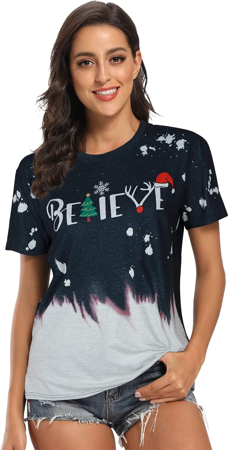 Christmas Shirt for Women Believe Letter Print T Shirts Asual Retro Holiday Short Sleeve Pullover Tops Xmas Gift