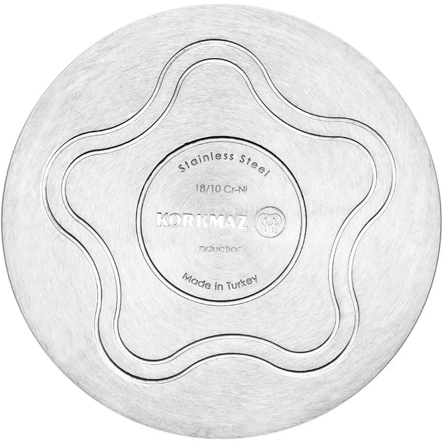 Bottom view of Korkmaz Nora 2L stainless steel casserole with star-shaped induction base made in Turkey