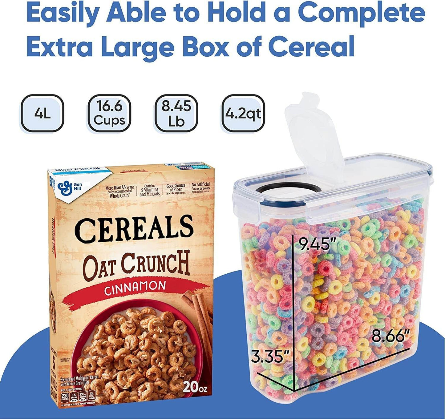 Airtight BPA-free cereal container with side-locking lids and ergonomic grip, 4-liter capacity for fresh pantry food storage and easy pouring.