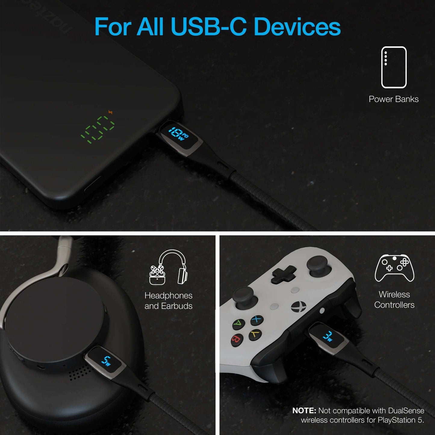 Naztech DigiWATT USB-C to USB-C digital LED cable 6ft with built-in wattage meter, braided cotton, and zinc alloy connectors for fast charging power banks, headphones, and wireless controllers.