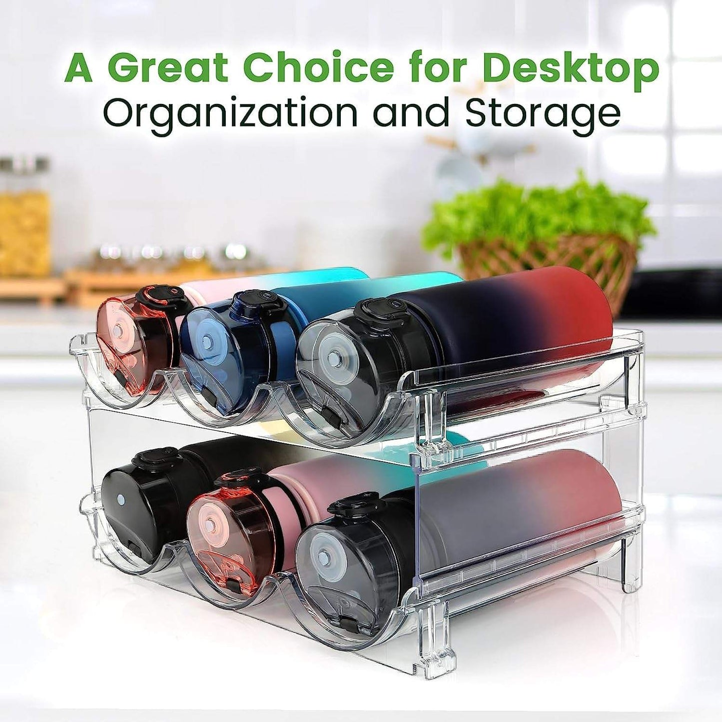 Stackable clear plastic water bottle organizer for cabinet storage, fits most cabinets and refrigerators, BPA-free and shatter-resistant.