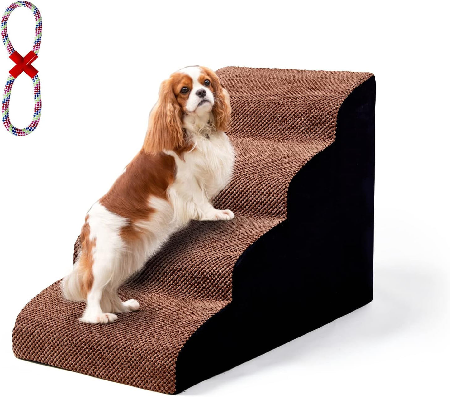 Dog Stairs 4 Tiers foam ramp with removable brown corduroy cover and small dog climbing steps with included chew toy rope