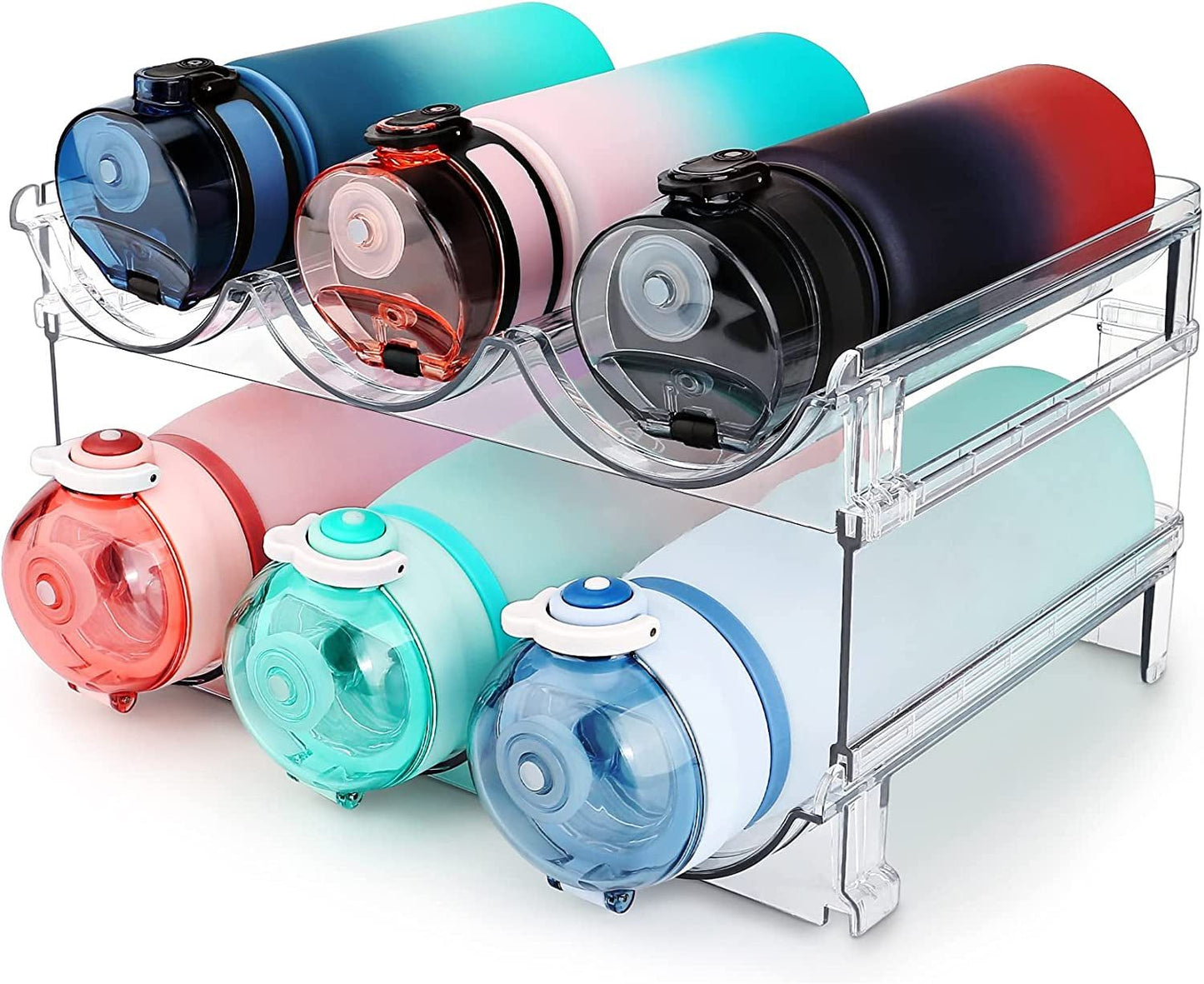 Stackable clear plastic water bottle organizer holding six colorful bottles, space-saving storage rack for cabinets.
