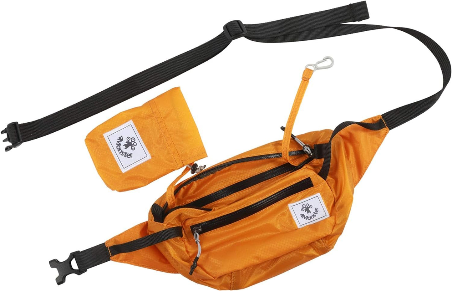 Orange hiking waist pack with multiple compartments, adjustable black strap, and water-resistant design.