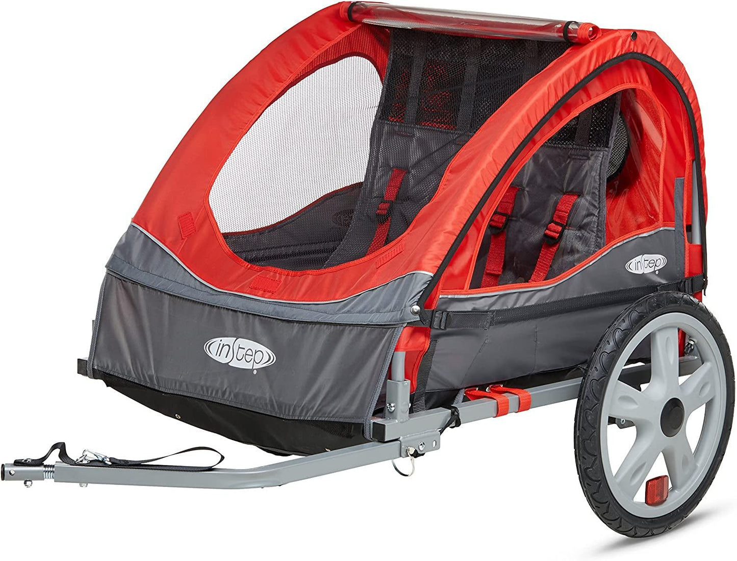 Red and gray Sync and Take 2 bike trailer for kids with folding frame, 5-point harness, bug screen, weather shield, and quick release wheels.
