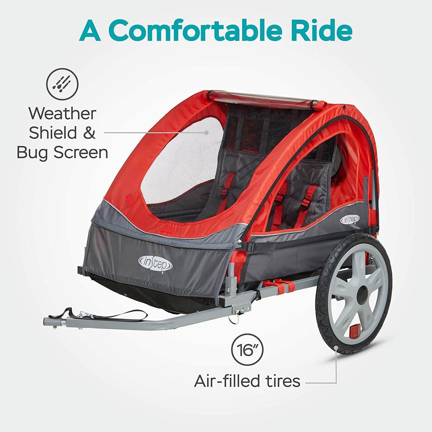 Sync and Take 2 Bike Trailer for Kids, Single and Double Seat Options, 5-Point Harness, Folding Frame, Quick Release Wheels, Easy Storage, with Bug Screen & Weather Shield, Bike Attachment