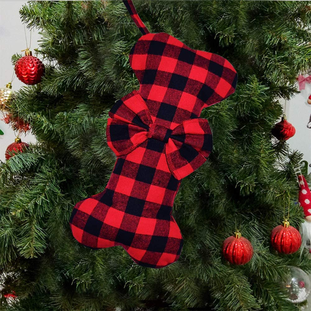 Pet Dog Christmas Stockings Classic Buffalo Red Black Plaid Large Bone Shape Hanging Christmas Stocking for Dogs Pets