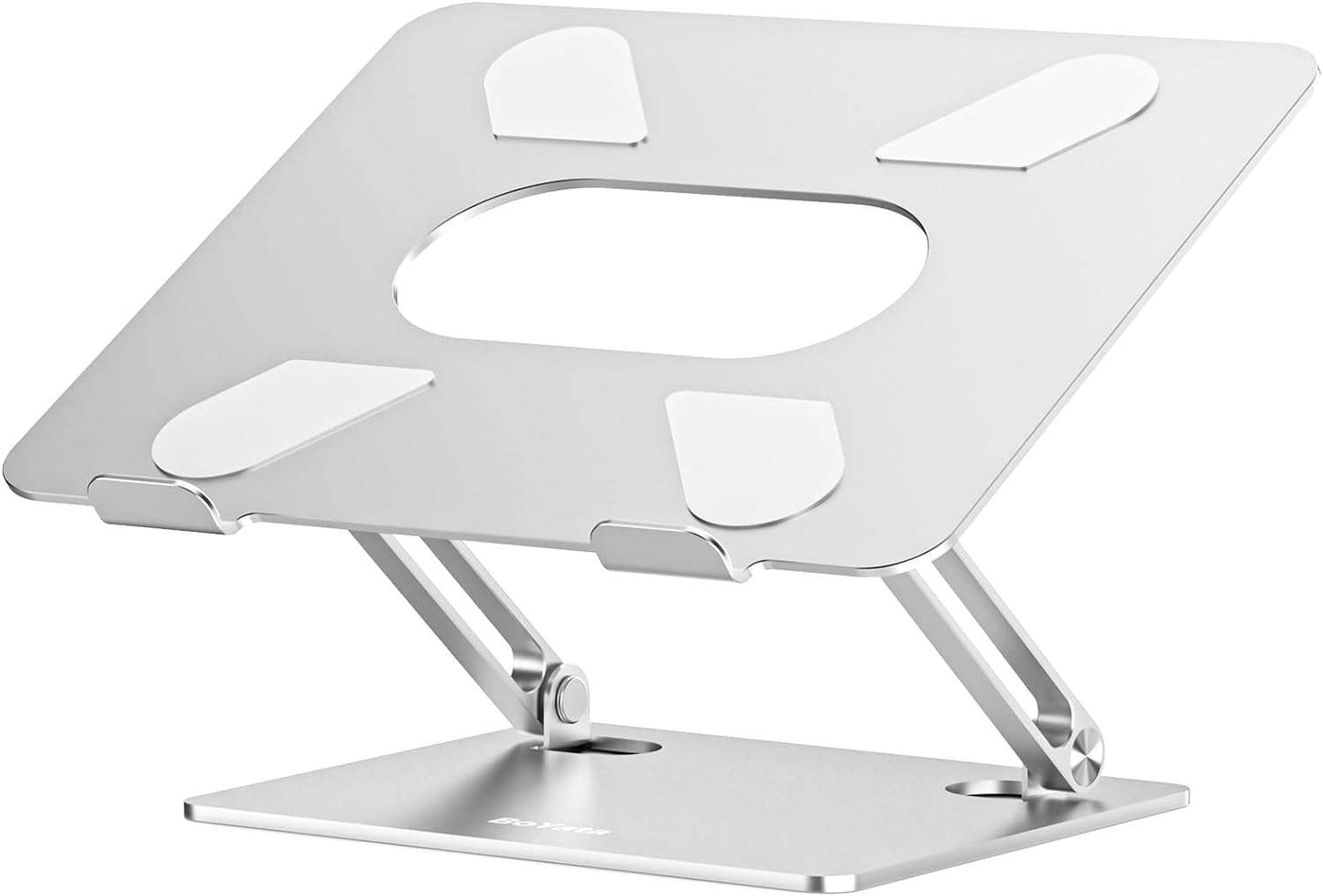 Adjustable metal laptop stand with heat-vent and non-slip silicone pads for laptops up to 17 inches.