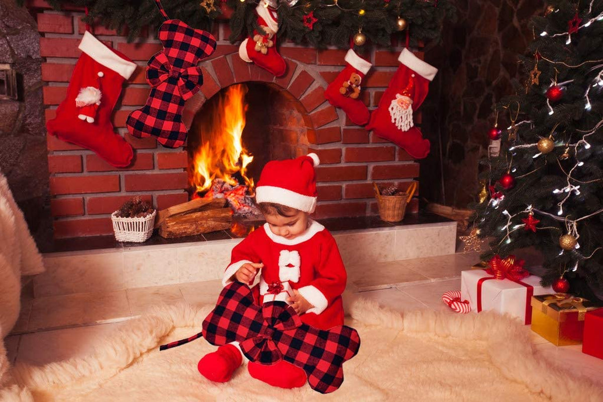 Pet Dog Christmas Stockings Classic Buffalo Red Black Plaid Large Bone Shape Hanging Christmas Stocking for Dogs Pets