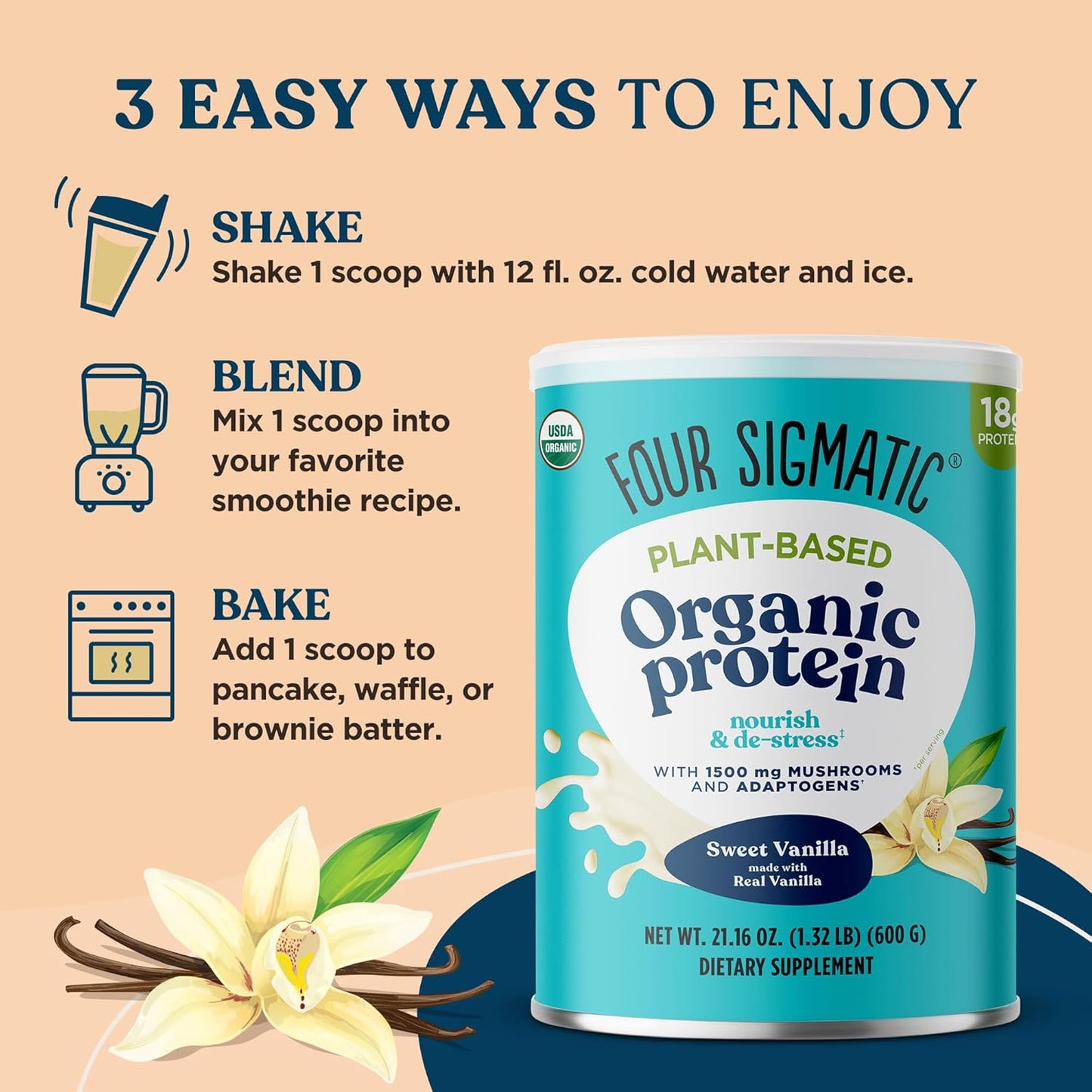 Organic Vegan Protein Powder | 18G Plant-Based Protein per Serving | Gluten Free, Dairy Free, Soy Free, Non-Gmo with No Filler Ingredients | 21.16Oz, 15 Servings | Sweet Vanilla