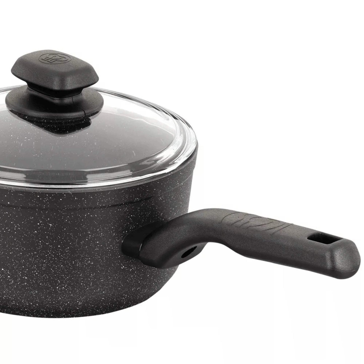 Korkmaz Ornella 2L black speckled aluminum non-stick saucepan with glass lid and bakelite handle