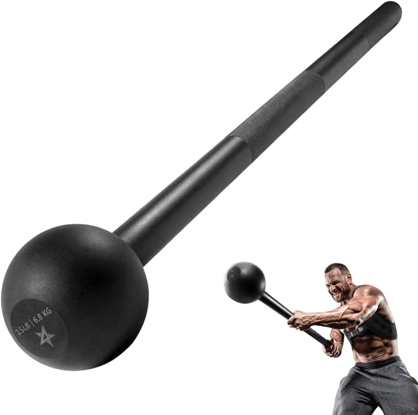 Black steel mace bell with long diamond-knurled handle for full-body strength training and grip workouts.