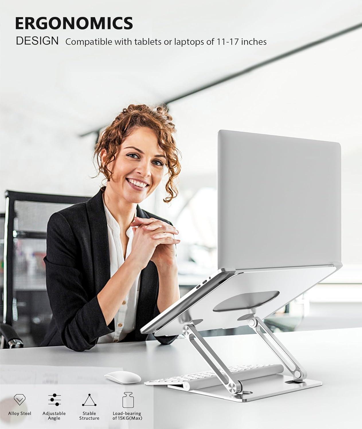 Adjustable alloy steel laptop stand with heat-vent and non-slip pads for 11-17 inch laptops, ergonomic design for comfortable posture.